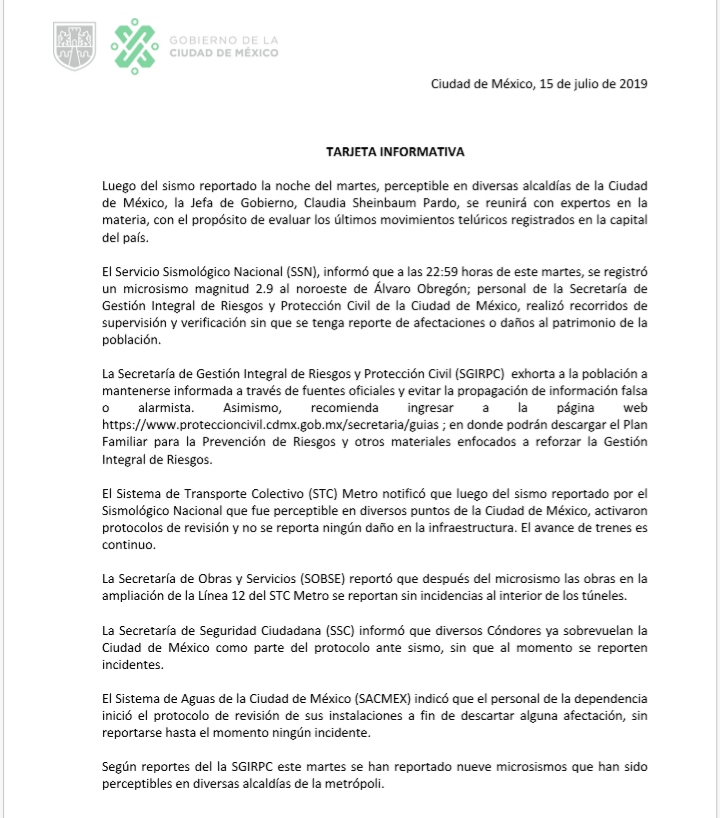 Activan protocolo de seguridad en la ciudad tras los sismos