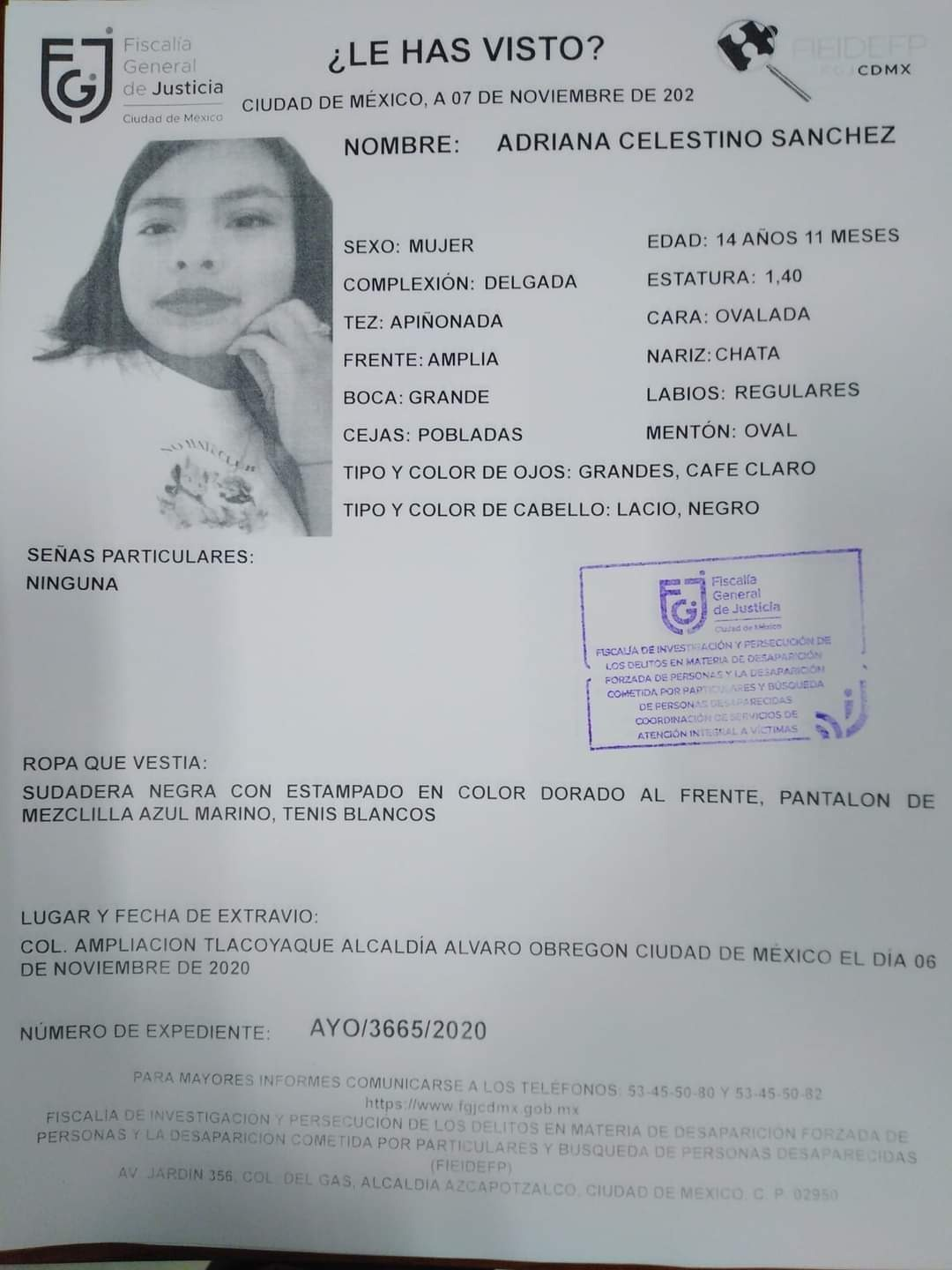 Reporta la FGJCDMX desaparición de menor de edad de AO