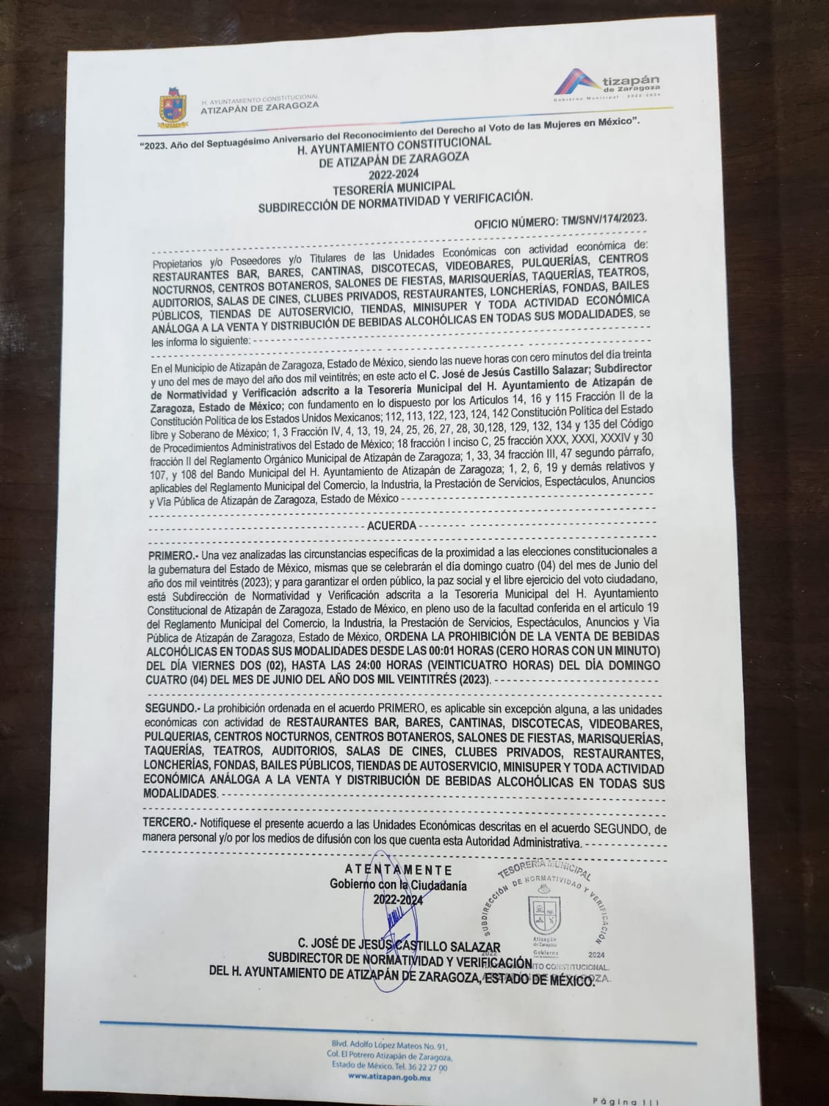 Ley Seca emn Atizapán de Zaragoza con motivo de la Elección en el Estado de México