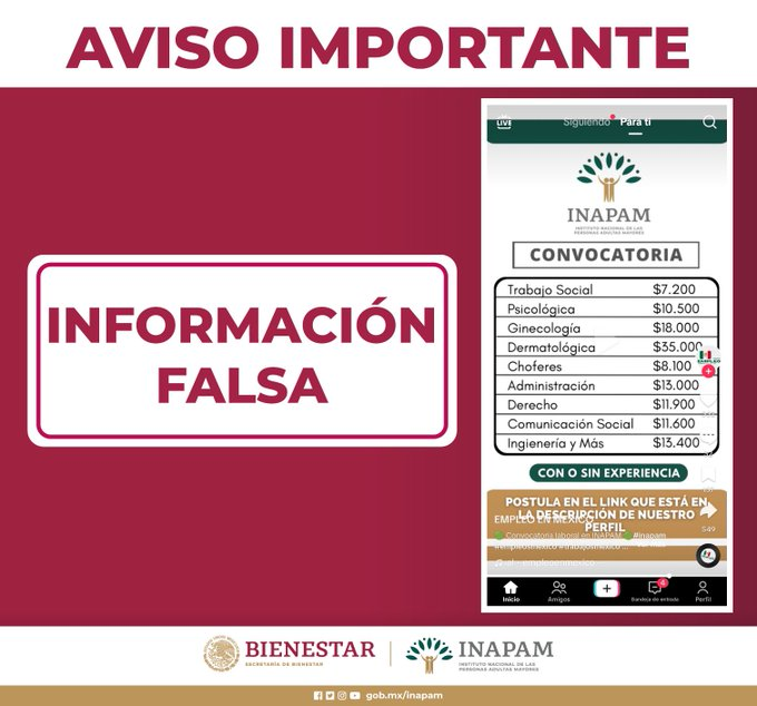 INAPAM desmiente contratación de personal con un jugoso salario a través de redes sociales