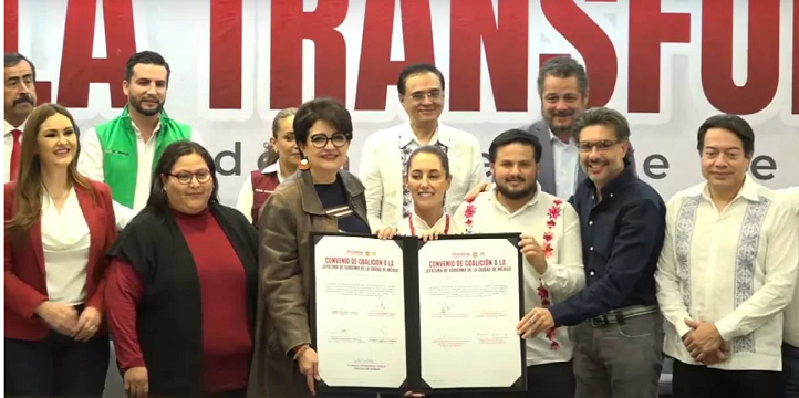 Morena, PT y Verde irán juntos en coalición para apoyar al candidato oficial a la jefatura de gobierno de la C DMX 2024 Martin Aguilar Morena, Partido Verde Ecologista de México (PVEM) y el Partido del Trabajo (PT) acordaron ir en  coalición en el proceso electoral del 2024, para renovar la Jefatura de Gobierno de la Ciudad de México. El acuerdo f ue asignado por el presidente de Morena en la Ciudad, Sebastián Ramírez; el secretario general del PVEM en la capital,  Jesús Sesma Suárez, y la representante del PT, Magdalena Núñez Monreal. La coordinadora nacional de los Comités de  Defensa de la Cuarta Transformación, Claudia Sheinbaum, fungió como testigo de honor. “Desde San Luis Potosí firma mos el Convenio de Coalición a la Jefatura de Gobierno de la Ciudad de México entre Morena, el Partido Verde y el Part ido del Trabajo. Con la dirigencia y la coordinadora nacional @Claudiashein , nos comprometimos a ir en unidad para que  triunfe la Transformación en 2024”, indic