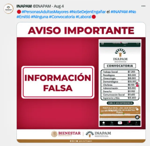 Aparecen anuncios del INAPAM ofreciendo empleos con un jugoso salario, son falsos