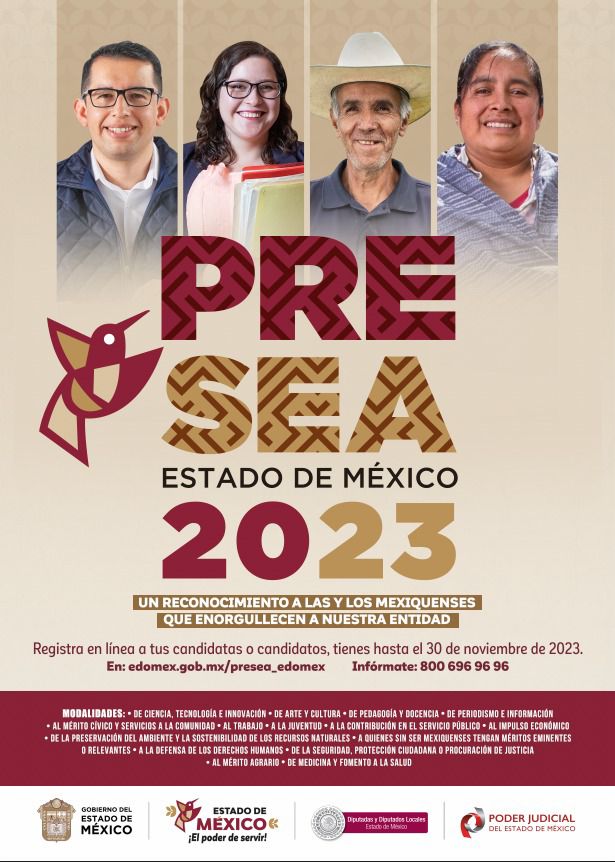 Invita Gobierno del Estado de México a mexiquenses a participar por la Presea Estado de México 2023