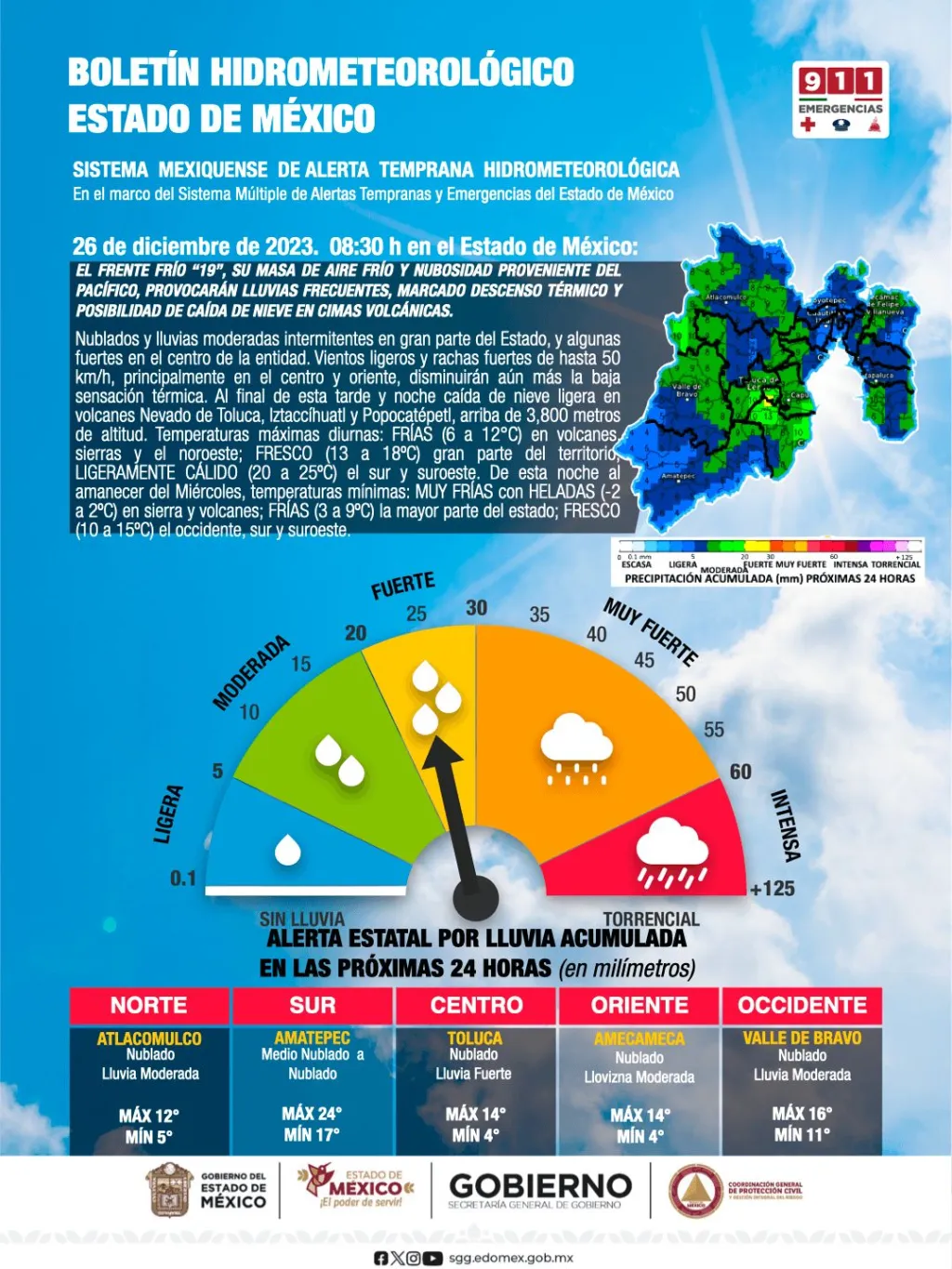 En el Estado de México Alerta de frío y Nieve por el Frente frío 19