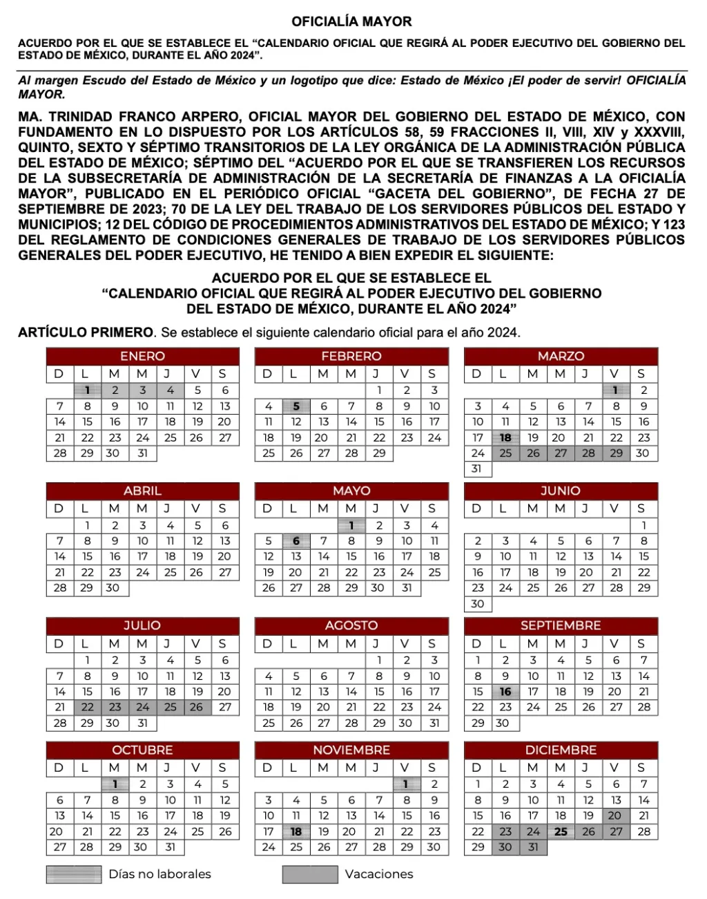 Calendario oficial 2024, Pública Gobierno del Estado de México año del bicentenario de la fundación de la en tidad mexiquense