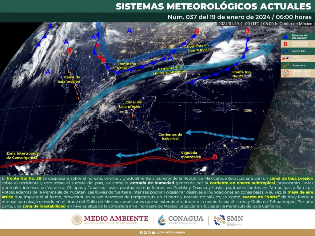 El Frente Frío No. 28 propiciará lluvias Intensas en Veracruz, Chiapas y Tabasco, además de eventos de Norte  Intenso en el Golfo de México
