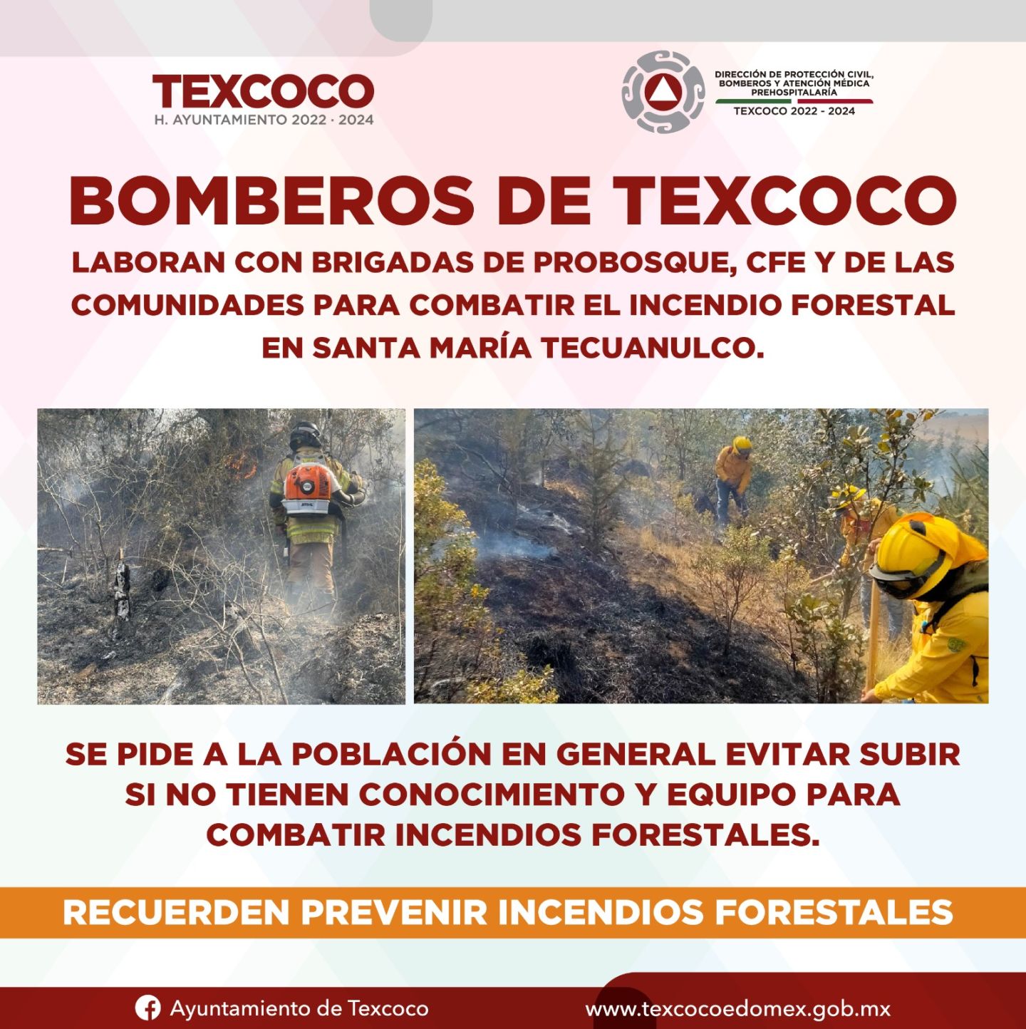 Bomberos de Texcoco en el Edoméx, combaten incendio forestal en Santa María Tecuanulco