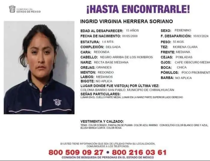 Ingrid se perdió Herrera en Chimalhuacán ayúdanos a encontrarla