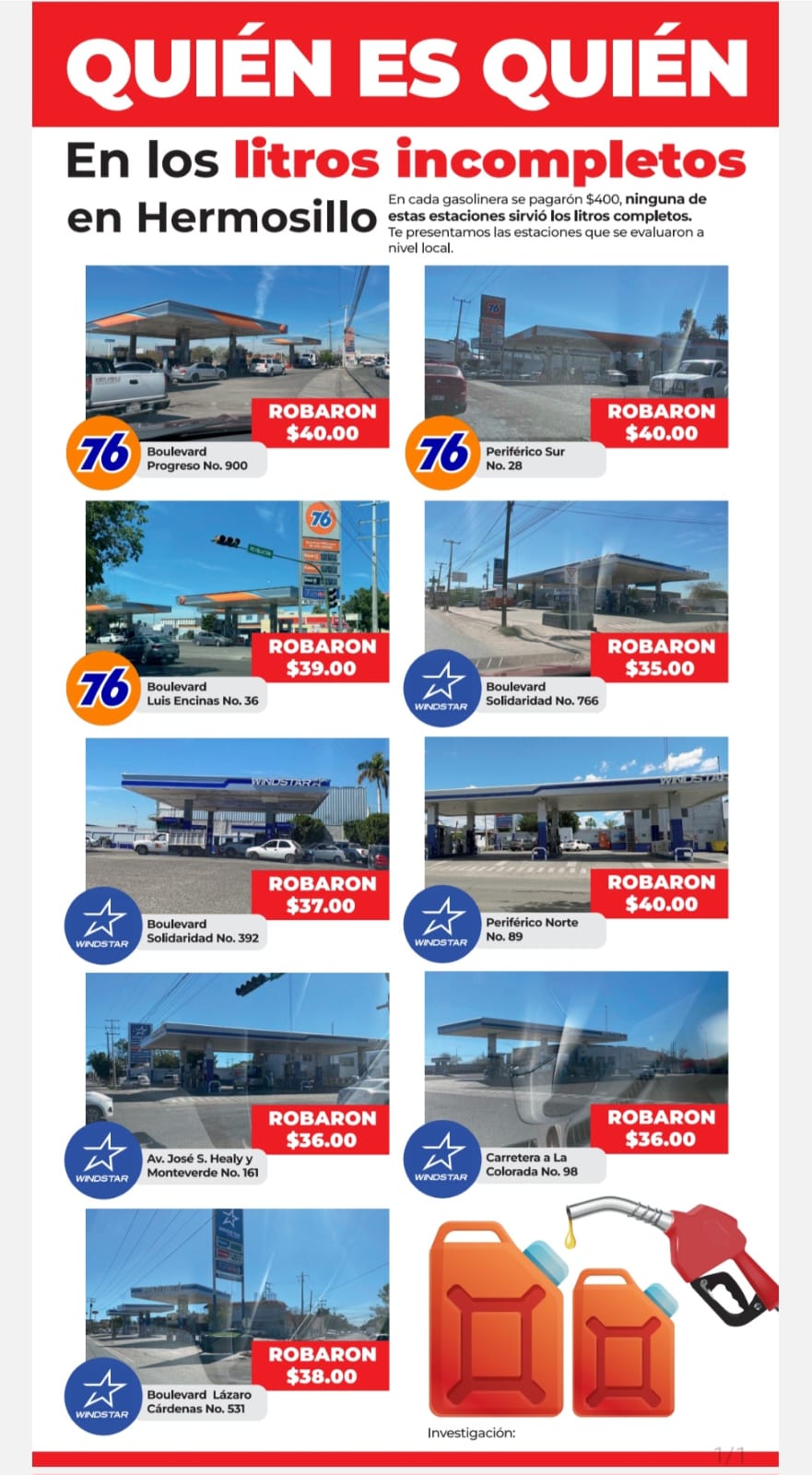 En Hermosillo las gasolineras Windstar y 76 despachan hasta 10% menos gasolina