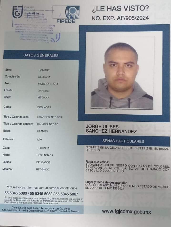 Jorge Sánchez se busca quien fue visto por última vez enAtenco Edomex hace mas de una semana, su familia lo es pera