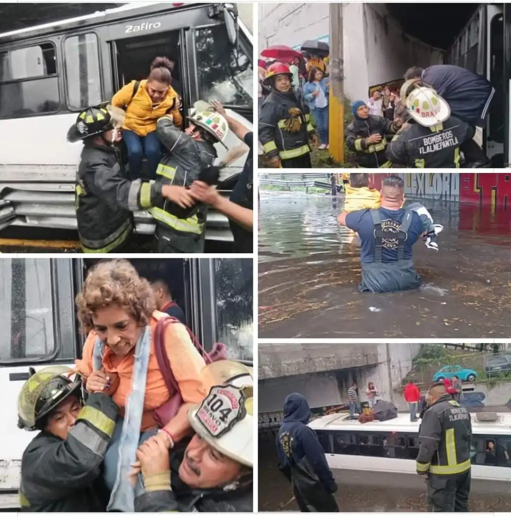 Rrescatarón así a 35 pasajeros de un camión que quedaron atrapados bajo puente en Tlalnepantla Edoméx