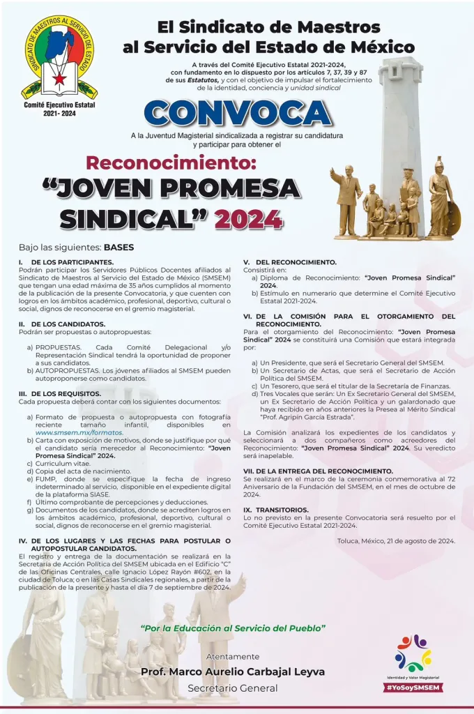 El SMSEM lanza convocatoria para el reconocimiento “Joven Promesa Sindical” 2024 en Edoméx