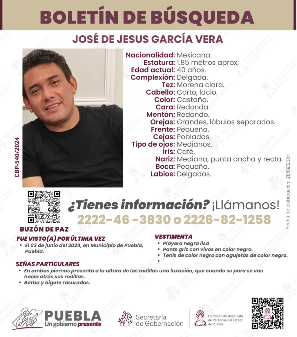 Alerta; se Solicita la Colaboración de la Ciudadanía para la Localización de José Jesús Visto por última  vez en Puebla