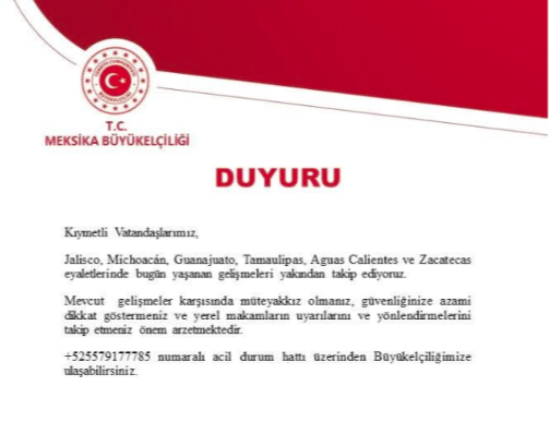 Embajada de Turquía emite alerta a sus conciudadanos, tras muerte de El Mencho